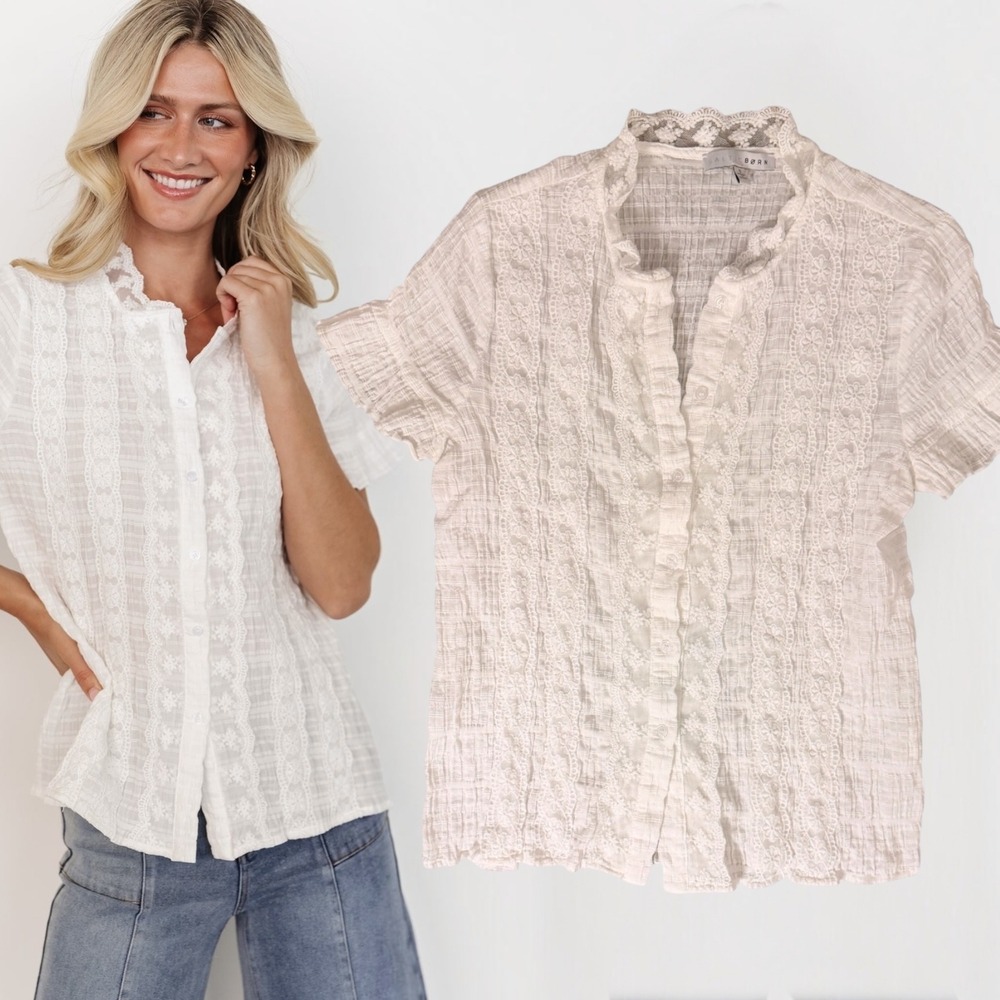Baltic Born Blouse Lace Trim Short Sleeve Button Down White Small
